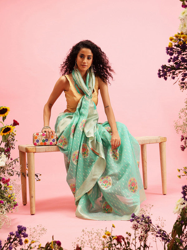 Turquoise Cotton Woven Thread Floral Saree with Unstitched Blouse - Hiral Fashion