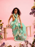 Turquoise Cotton Woven Thread Floral Saree with Unstitched Blouse - Hiral Fashion
