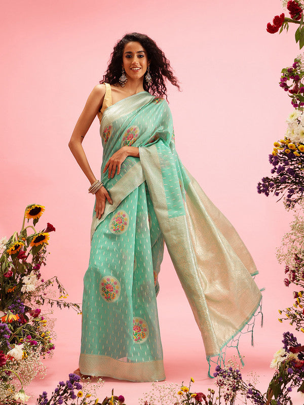 Turquoise Cotton Woven Thread Floral Saree with Unstitched Blouse - Hiral Fashion
