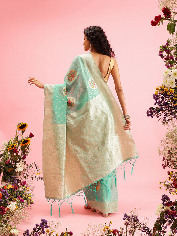 Turquoise Cotton Woven Thread Floral Saree with Unstitched Blouse - Hiral Fashion