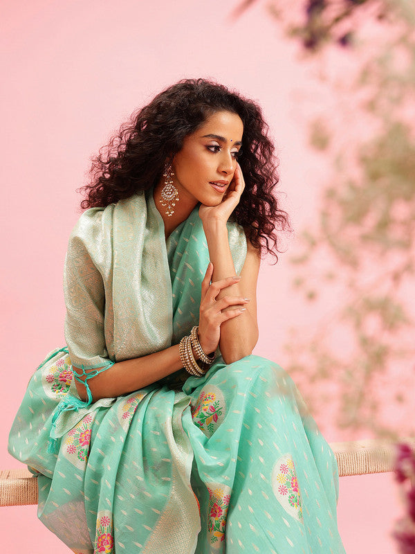 Turquoise Cotton Woven Thread Floral Saree with Unstitched Blouse - Hiral Fashion