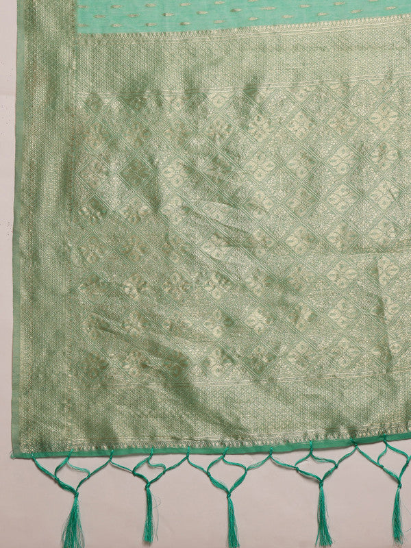 Turquoise Cotton Woven Thread Floral Saree with Unstitched Blouse - Hiral Fashion