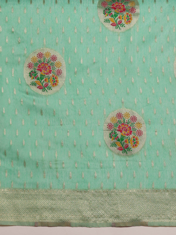 Turquoise Cotton Woven Thread Floral Saree with Unstitched Blouse - Hiral Fashion