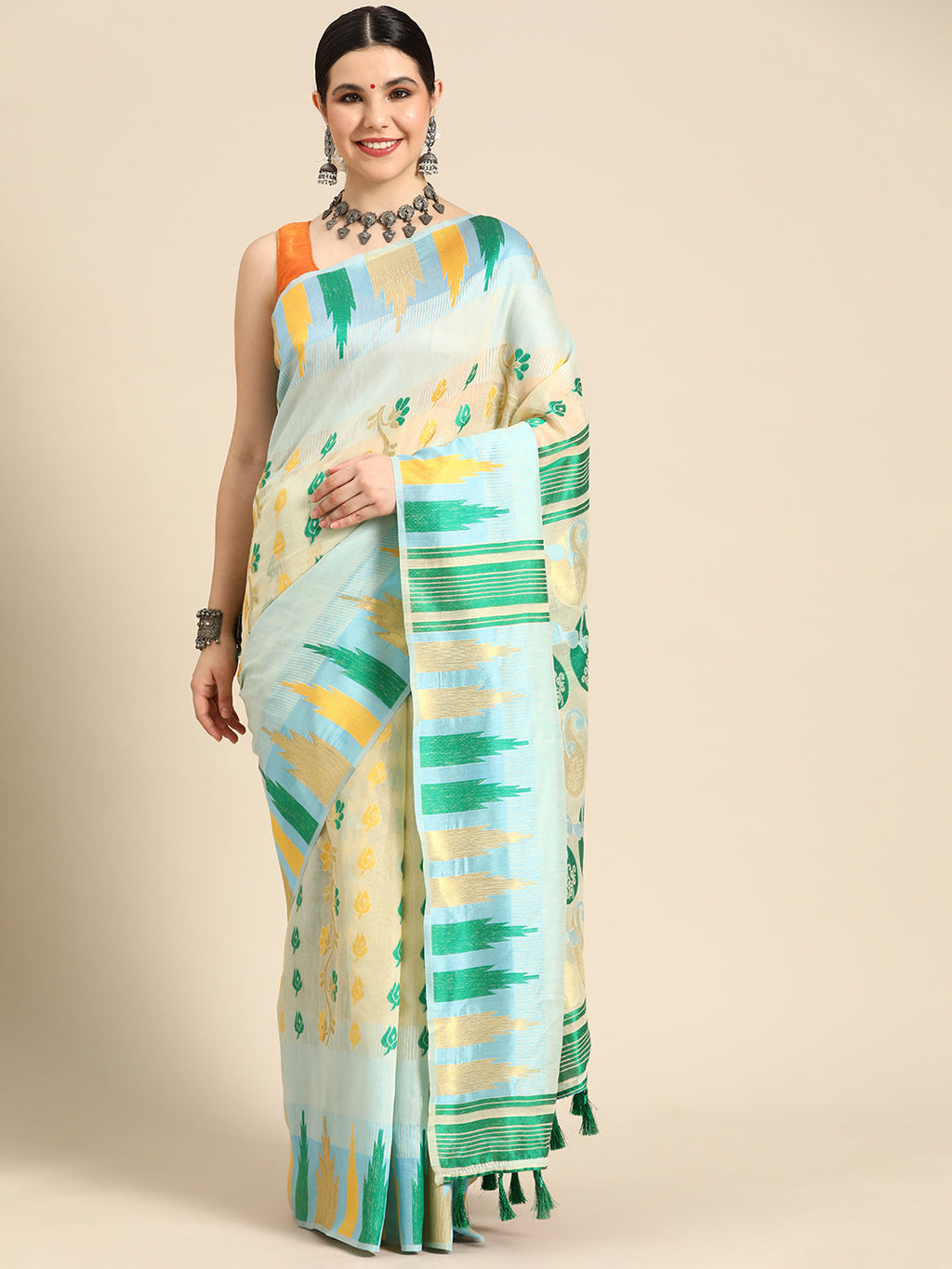 Blue Pure Cotton Woven Zari Design Floral Saree with Unstitched Blouse - Hiral Fashion