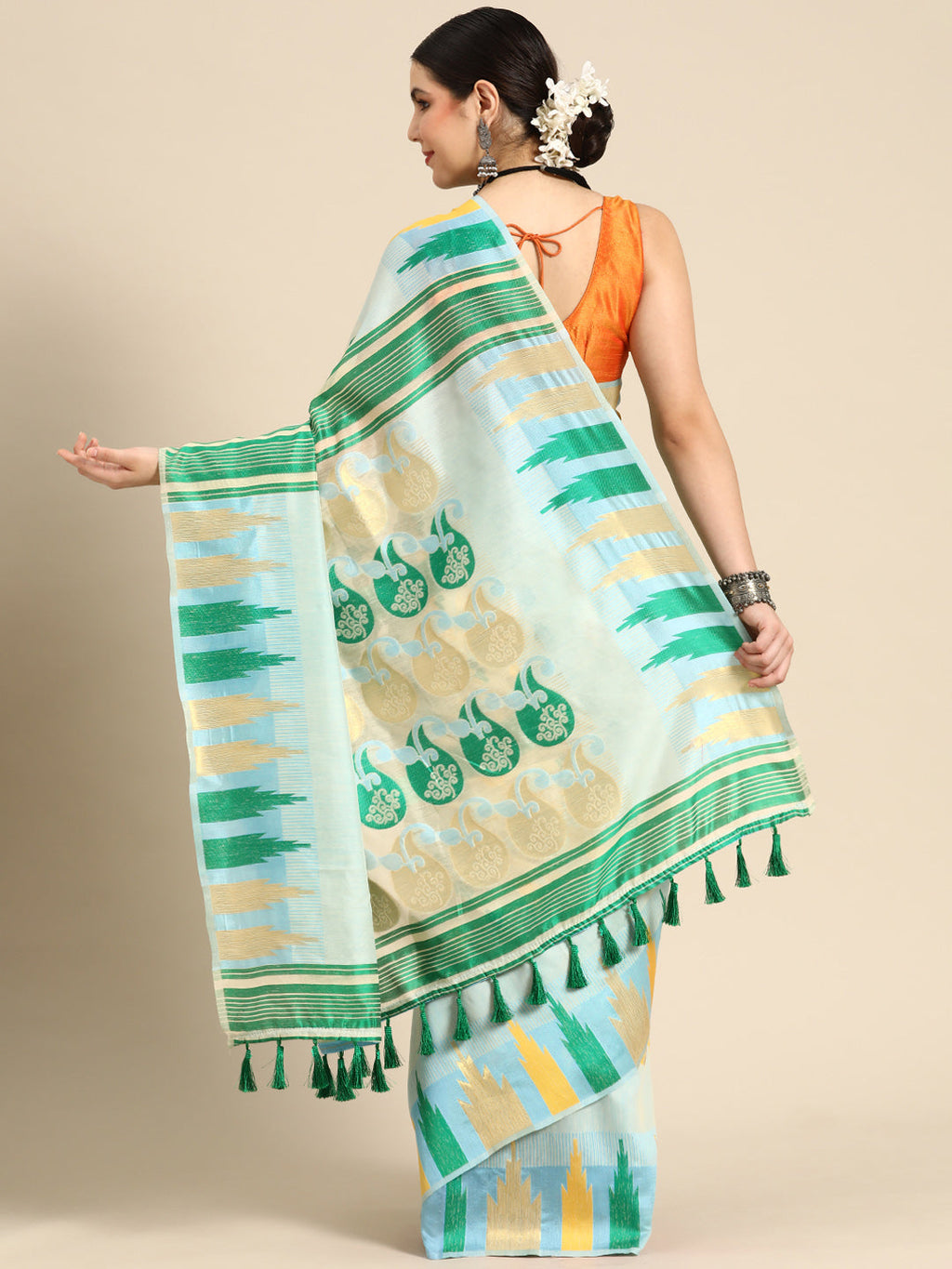 Blue Pure Cotton Woven Zari Design Floral Saree with Unstitched Blouse - Hiral Fashion