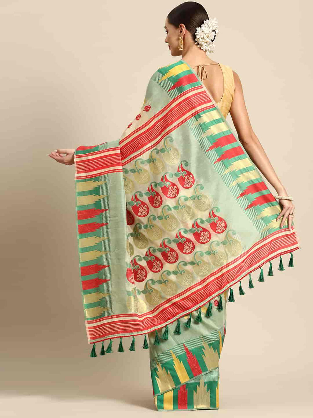 Green Pure Cotton Woven Zari Design Floral Saree with Unstitched Blouse - Hiral Fashion