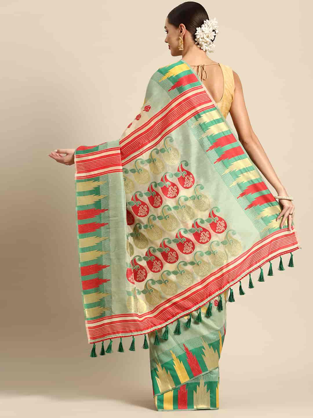Green Pure Cotton Woven Zari Design Floral Saree with Unstitched Blouse - Hiral Fashion