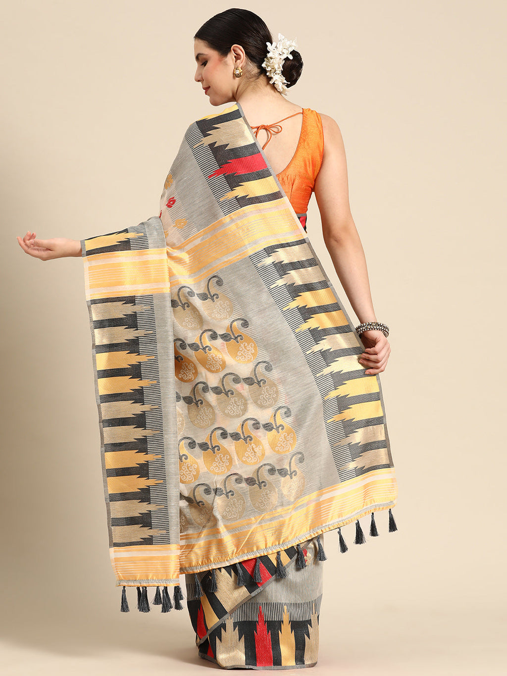 Gray Pure Cotton Woven Zari Design Floral Saree with Unstitched Blouse - Hiral Fashion