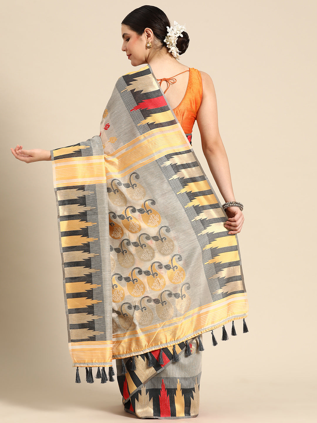 Gray Pure Cotton Woven Zari Design Floral Saree with Unstitched Blouse - Hiral Fashion