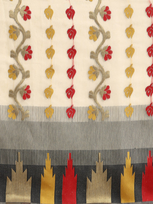 Gray Pure Cotton Woven Zari Design Floral Saree with Unstitched Blouse - Hiral Fashion