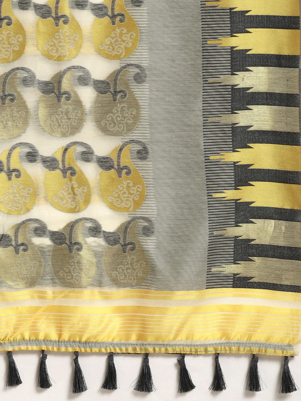 Gray Pure Cotton Woven Zari Design Floral Saree with Unstitched Blouse - Hiral Fashion