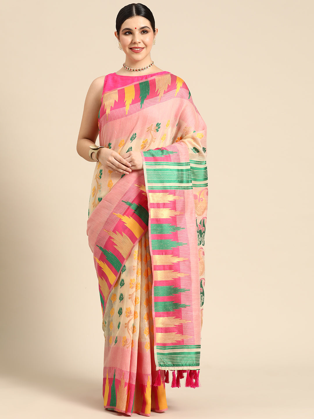 Pink Pure Cotton Woven Zari Design Floral Saree with Unstitched Blouse - Hiral Fashion