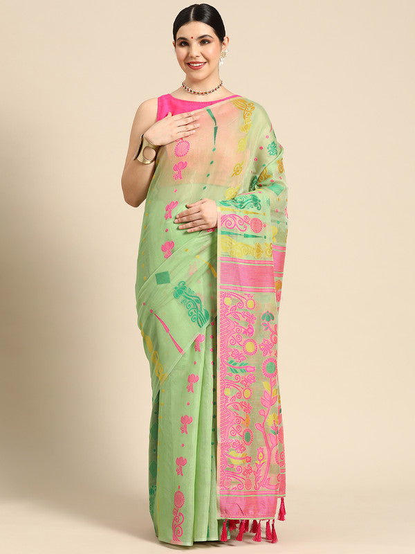 Green Pure Cotton Woven Zari Design Floral Saree with Unstitched Blouse - Hiral Fashion