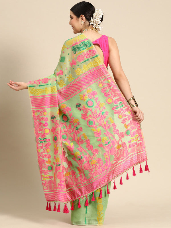 Green Pure Cotton Woven Zari Design Floral Saree with Unstitched Blouse - Hiral Fashion