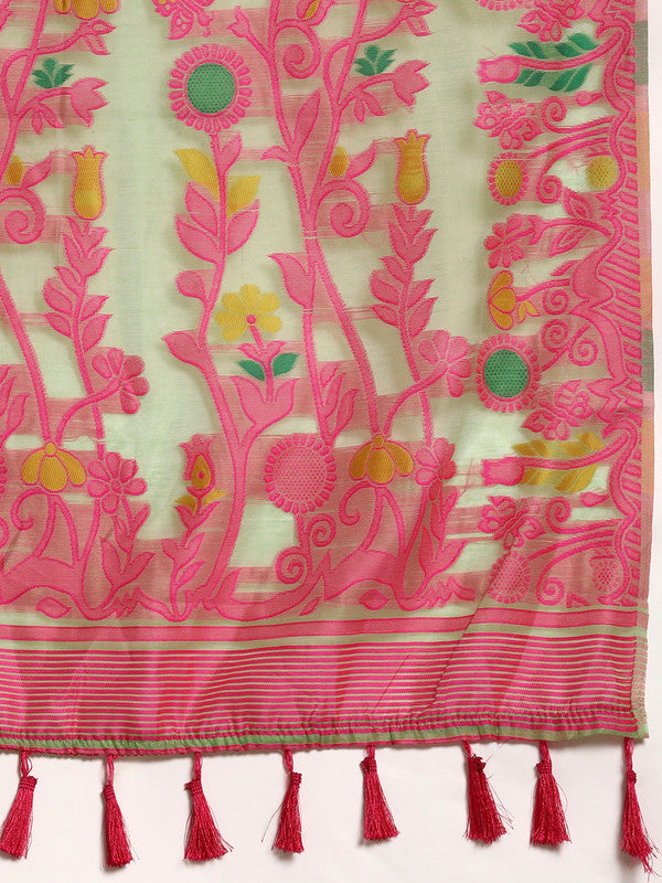 Green Pure Cotton Woven Zari Design Floral Saree with Unstitched Blouse - Hiral Fashion