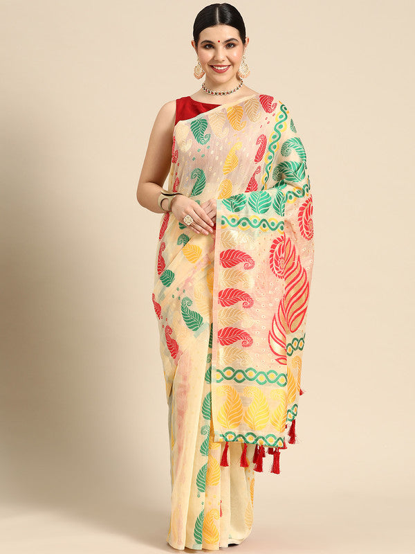 Beige Pure Cotton Woven Zari Design Paisley Saree with Unstitched Blouse - Hiral Fashion
