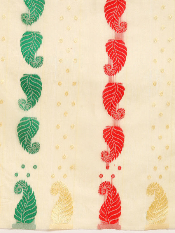 Beige Pure Cotton Woven Zari Design Paisley Saree with Unstitched Blouse - Hiral Fashion