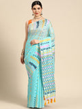 Turquoise Pure Cotton Woven Zari Design Geomatric Saree with Unstitched Blouse - Hiral Fashion