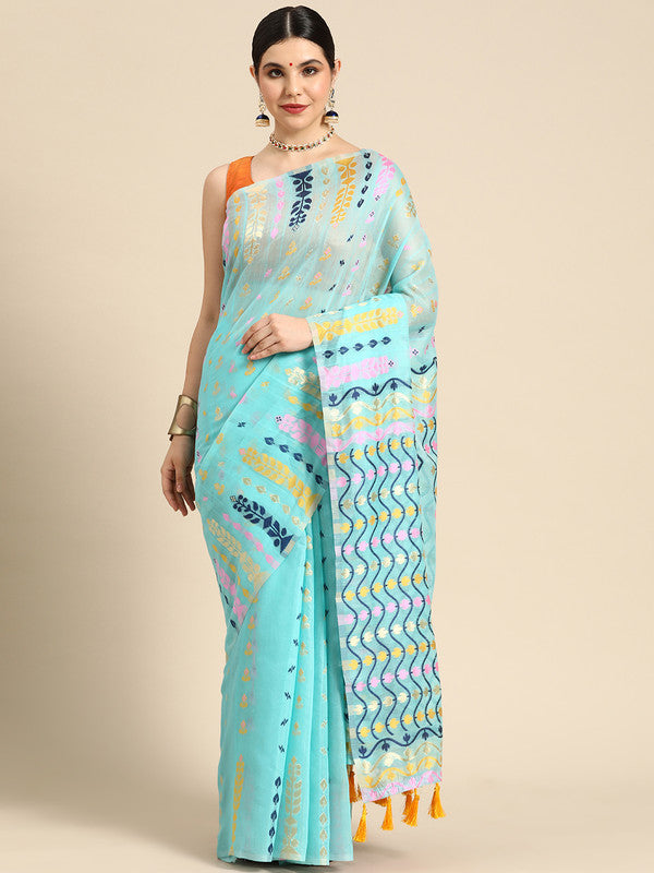 Turquoise Pure Cotton Woven Zari Design Geomatric Saree with Unstitched Blouse - Hiral Fashion