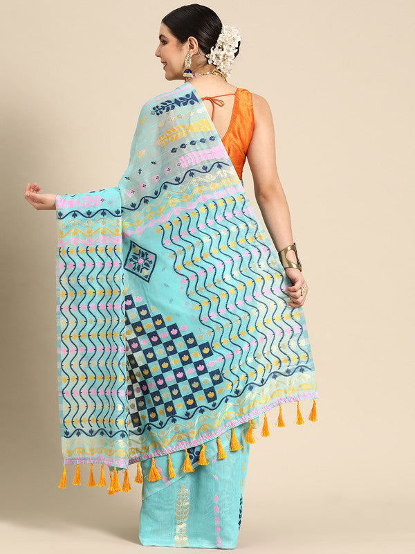 Turquoise Pure Cotton Woven Zari Design Geomatric Saree with Unstitched Blouse - Hiral Fashion