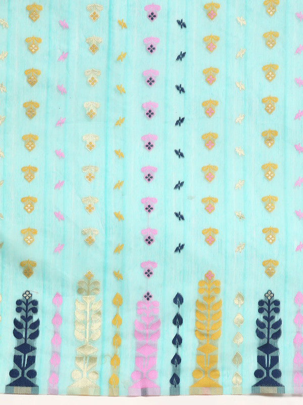 Turquoise Pure Cotton Woven Zari Design Geomatric Saree with Unstitched Blouse - Hiral Fashion