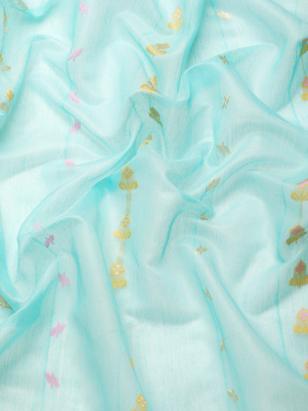 Turquoise Pure Cotton Woven Zari Design Geomatric Saree with Unstitched Blouse - Hiral Fashion