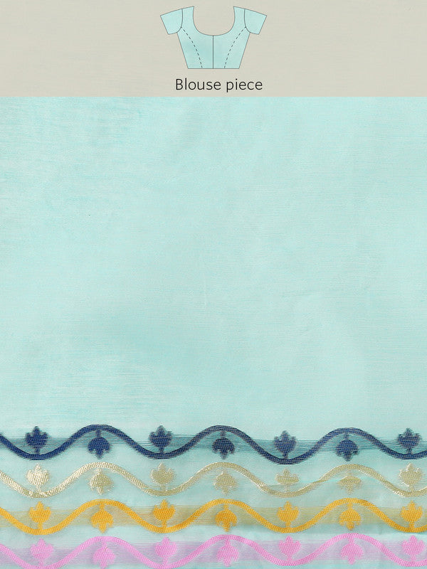 Turquoise Pure Cotton Woven Zari Design Geomatric Saree with Unstitched Blouse - Hiral Fashion