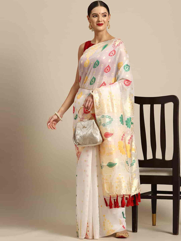 White Pure Cotton Woven Zari Design Paisley Saree with Unstitched Blouse - Hiral Fashion
