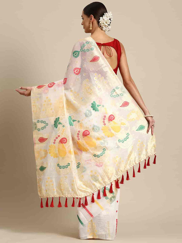 White Pure Cotton Woven Zari Design Paisley Saree with Unstitched Blouse - Hiral Fashion