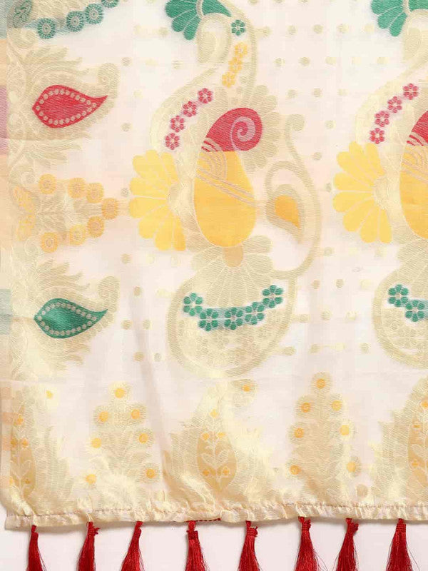 White Pure Cotton Woven Zari Design Paisley Saree with Unstitched Blouse - Hiral Fashion