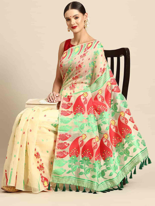Beige Pure Cotton Woven Zari Design Paisley Saree with Unstitched Blouse - Hiral Fashion
