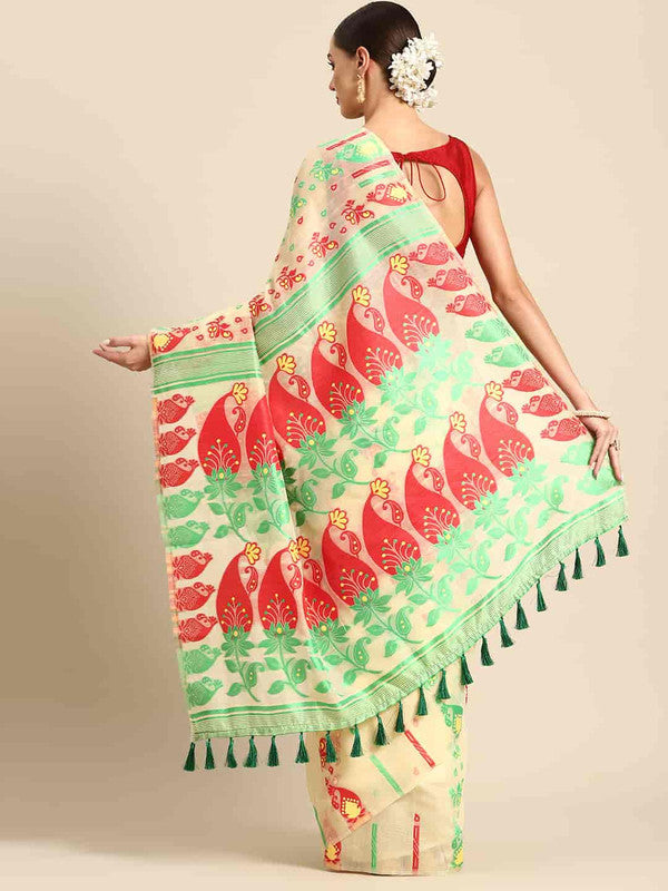 Beige Pure Cotton Woven Zari Design Paisley Saree with Unstitched Blouse - Hiral Fashion