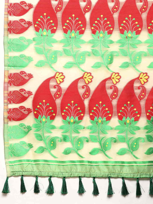 Beige Pure Cotton Woven Zari Design Paisley Saree with Unstitched Blouse - Hiral Fashion