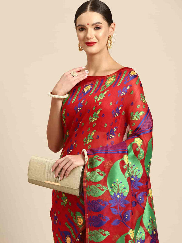 Red Pure Cotton Woven Zari Design Paisley Saree with Unstitched Blouse - Hiral Fashion