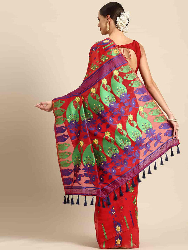 Red Pure Cotton Woven Zari Design Paisley Saree with Unstitched Blouse - Hiral Fashion