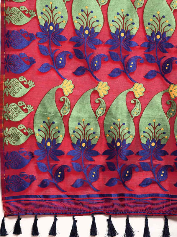Red Pure Cotton Woven Zari Design Paisley Saree with Unstitched Blouse - Hiral Fashion