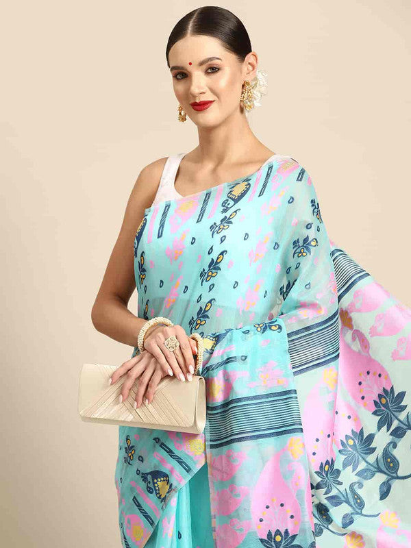 Turquoise Pure Cotton Woven Zari Design Paisley Saree with Unstitched Blouse - Hiral Fashion