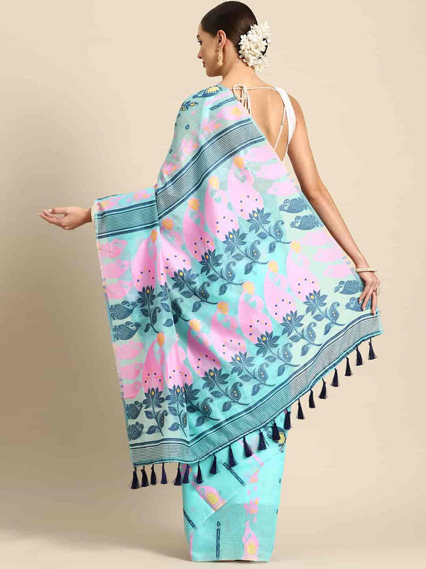 Turquoise Pure Cotton Woven Zari Design Paisley Saree with Unstitched Blouse - Hiral Fashion