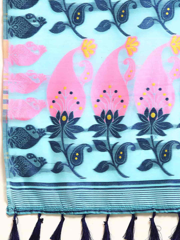 Turquoise Pure Cotton Woven Zari Design Paisley Saree with Unstitched Blouse - Hiral Fashion