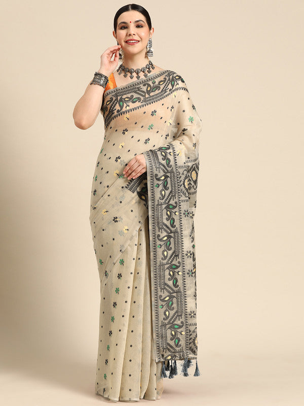 Black Pure Cotton Woven Zari Design Geomatric Saree with Unstitched Blouse - Hiral Fashion