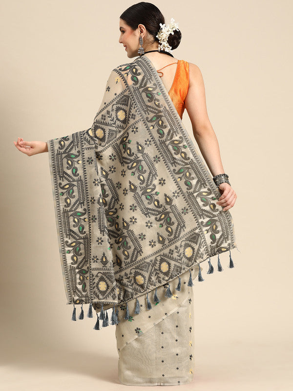 Black Pure Cotton Woven Zari Design Geomatric Saree with Unstitched Blouse - Hiral Fashion