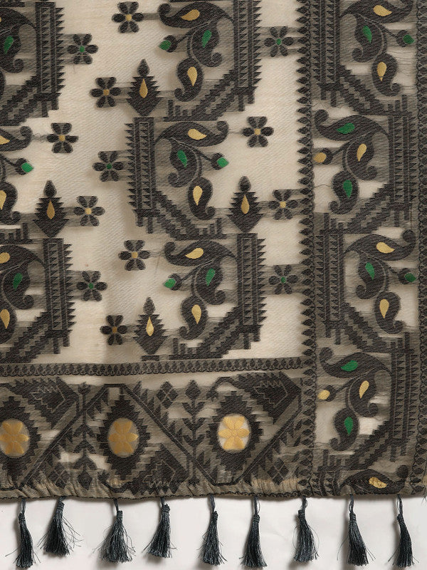 Black Pure Cotton Woven Zari Design Geomatric Saree with Unstitched Blouse - Hiral Fashion