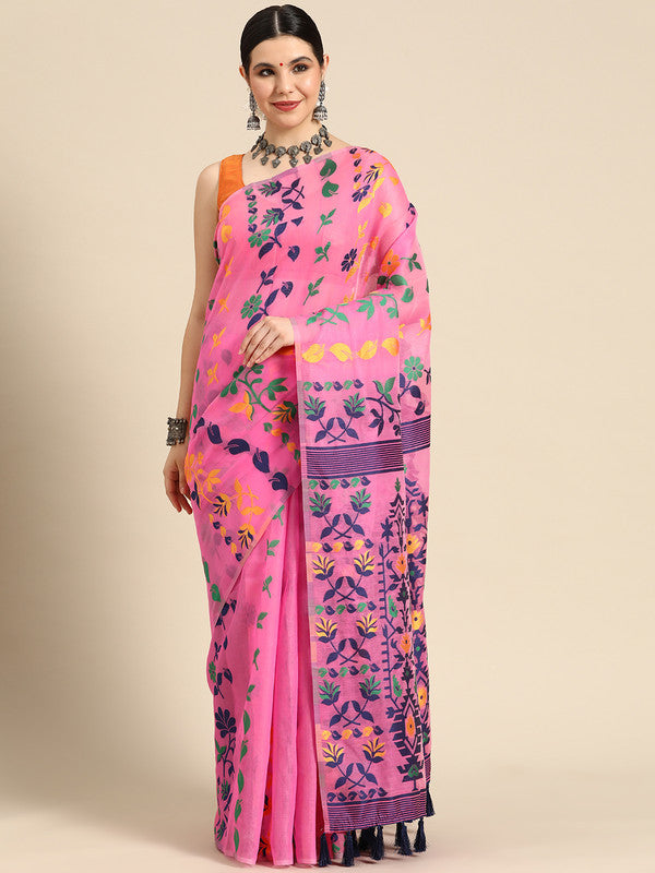 Pink Pure Cotton Woven Zari Design Floral Saree with Unstitched Blouse - Hiral Fashion