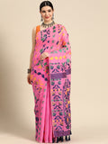 Pink Pure Cotton Woven Zari Design Floral Saree with Unstitched Blouse - Hiral Fashion