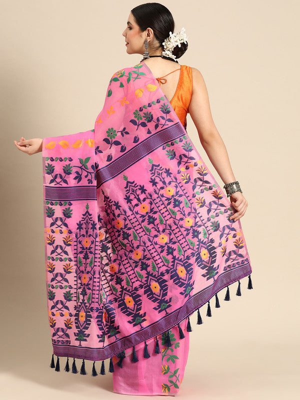 Pink Pure Cotton Woven Zari Design Floral Saree with Unstitched Blouse - Hiral Fashion