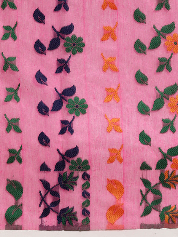 Pink Pure Cotton Woven Zari Design Floral Saree with Unstitched Blouse - Hiral Fashion