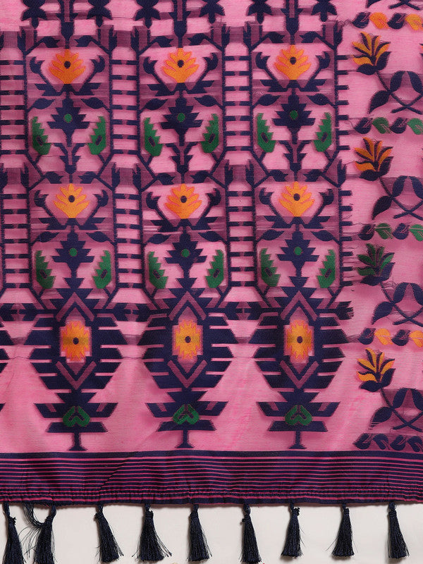 Pink Pure Cotton Woven Zari Design Floral Saree with Unstitched Blouse - Hiral Fashion