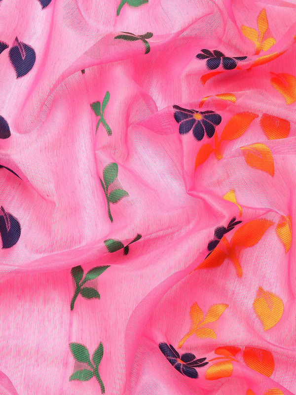Pink Pure Cotton Woven Zari Design Floral Saree with Unstitched Blouse - Hiral Fashion