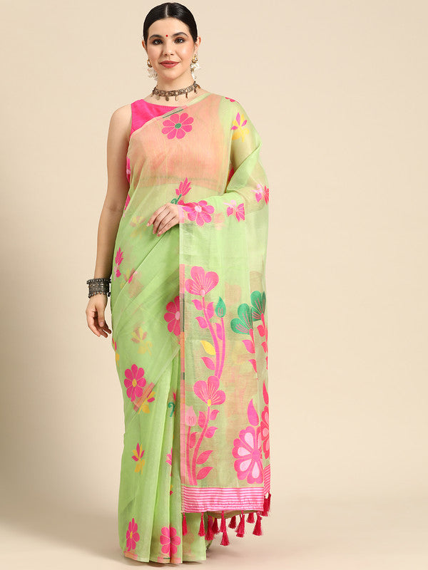 Green Pure Cotton Woven Zari Design Floral Saree with Unstitched Blouse - Hiral Fashion