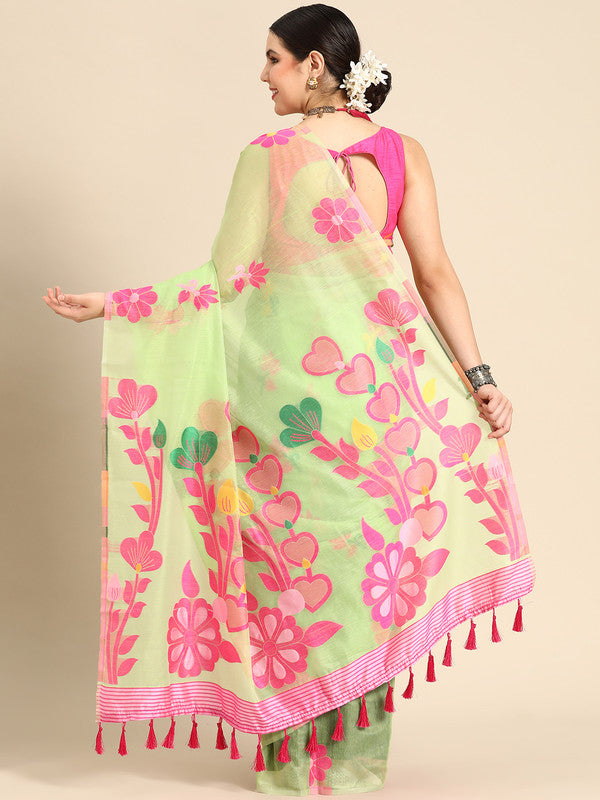 Green Pure Cotton Woven Zari Design Floral Saree with Unstitched Blouse - Hiral Fashion